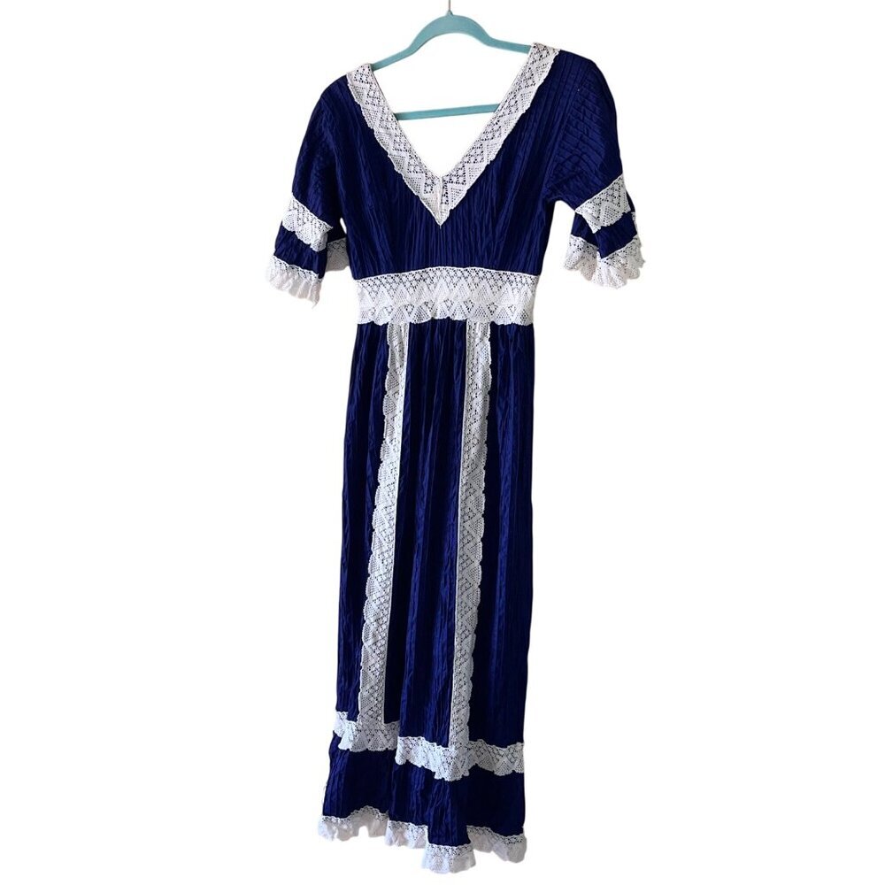 Vintage Womens Dress Size Small Blue Mexican Sleeve Crochet Lace Pintuck Cotton - Picture 10 of 14